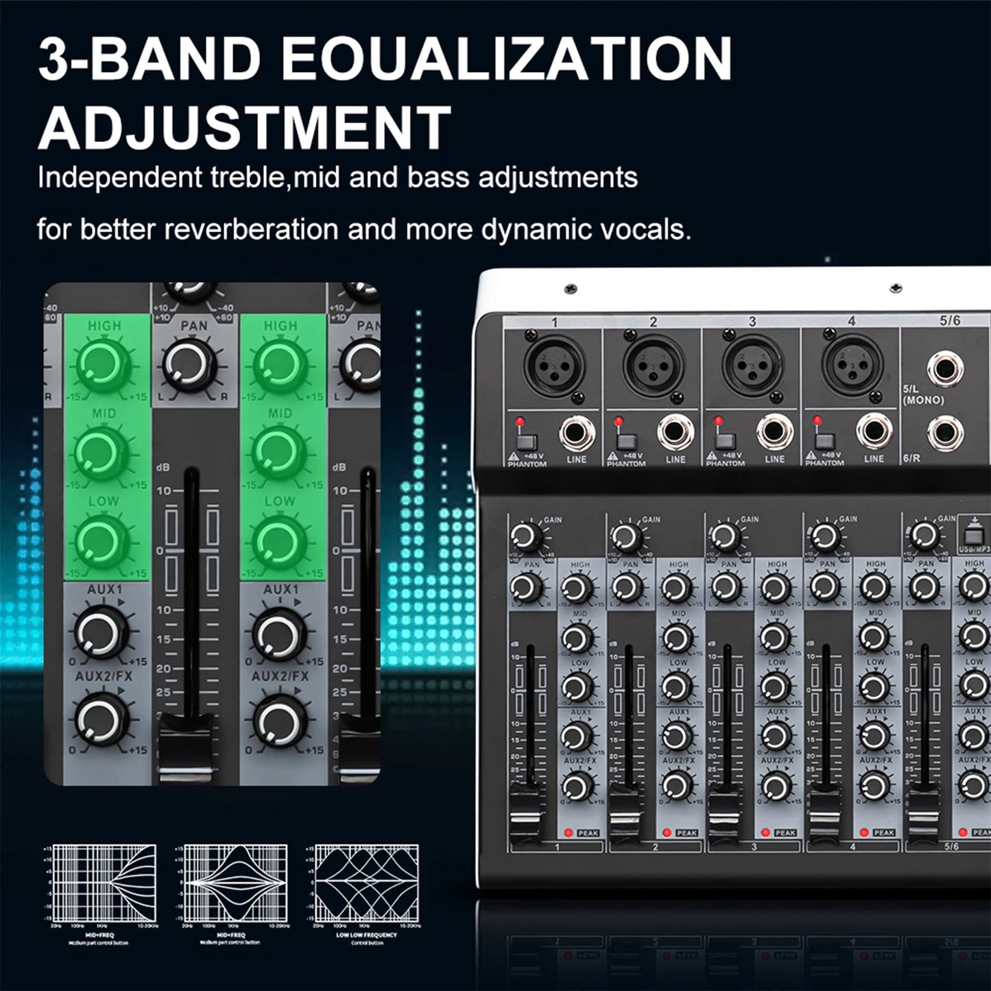 KDES KP6 Audio Mixer 6 Channel 99 DSP Effect Record PC 48V Phantom Power USB Sound Mixers Bluetooth DJ Console Mixing for Karaok