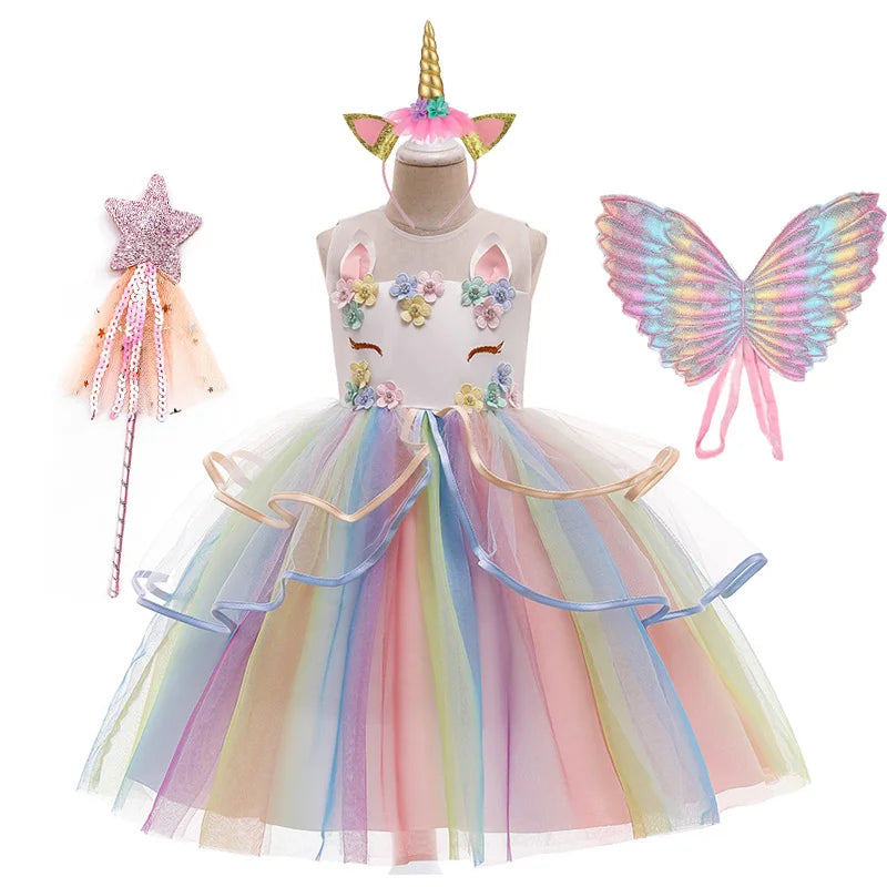Rainbow Unicorn Princess Dress with Bow and Tulle Skirt Birthday Party Costume