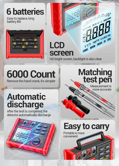 Digital Ohmmeter Insulation Resistance Meter 6000 Count Resistor Testers Capacitor Test Megohmmeter High Voltage Tool