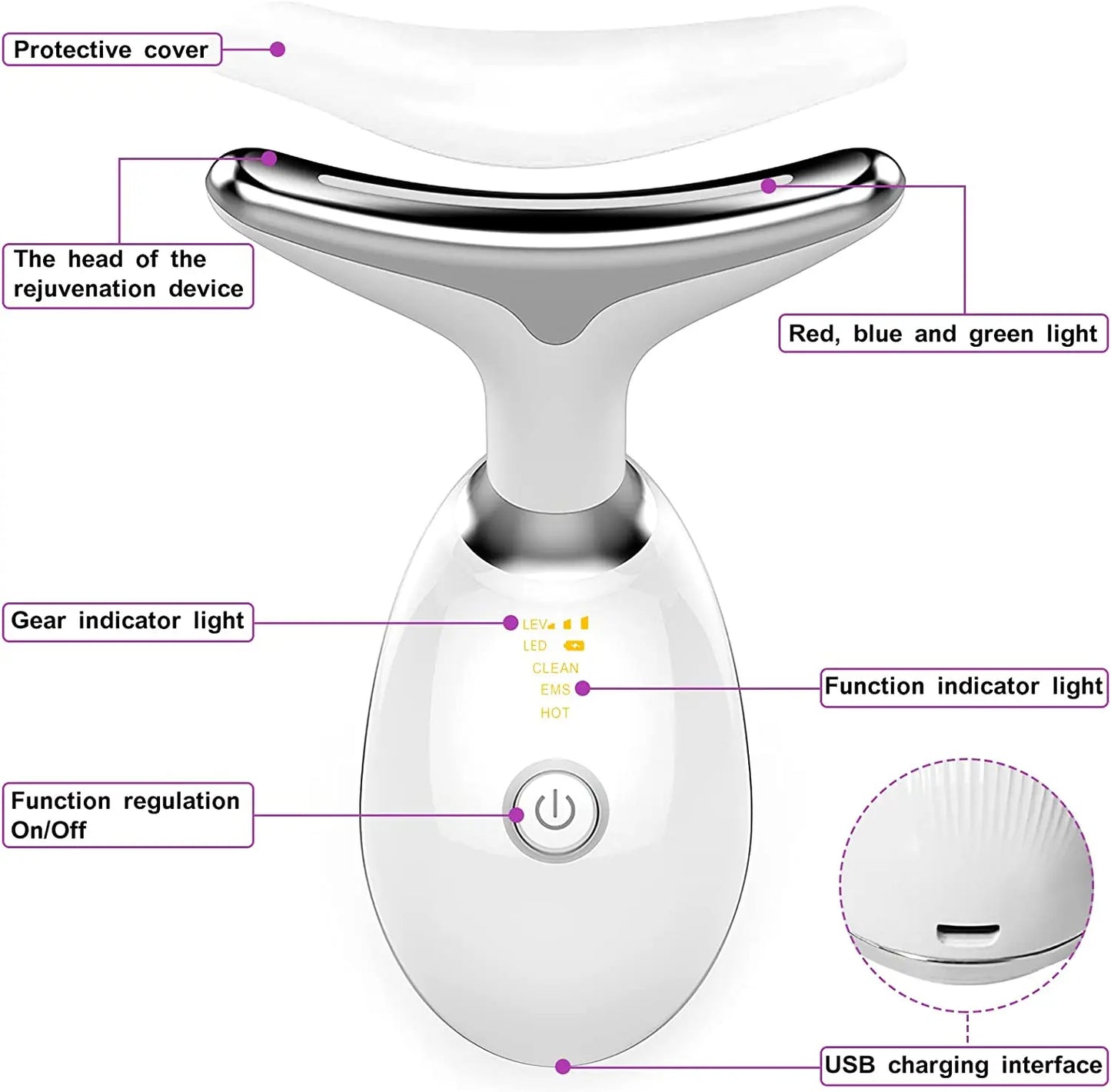 Neck Massager Facial Lift Three Light Modes Electric Skin Tightening Device LED Beauty Instrument White