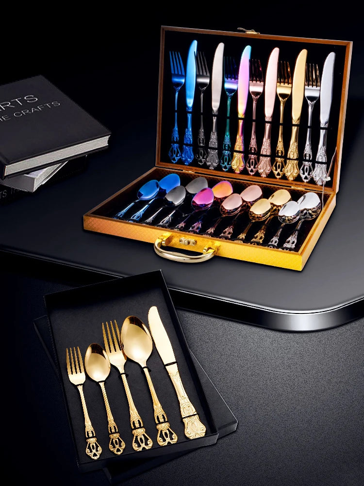 Retro Gold Cutlery Set Luxury Complete Tableware European Style Gift Box Stainless Steel Spoon Fork Steak Knife Set