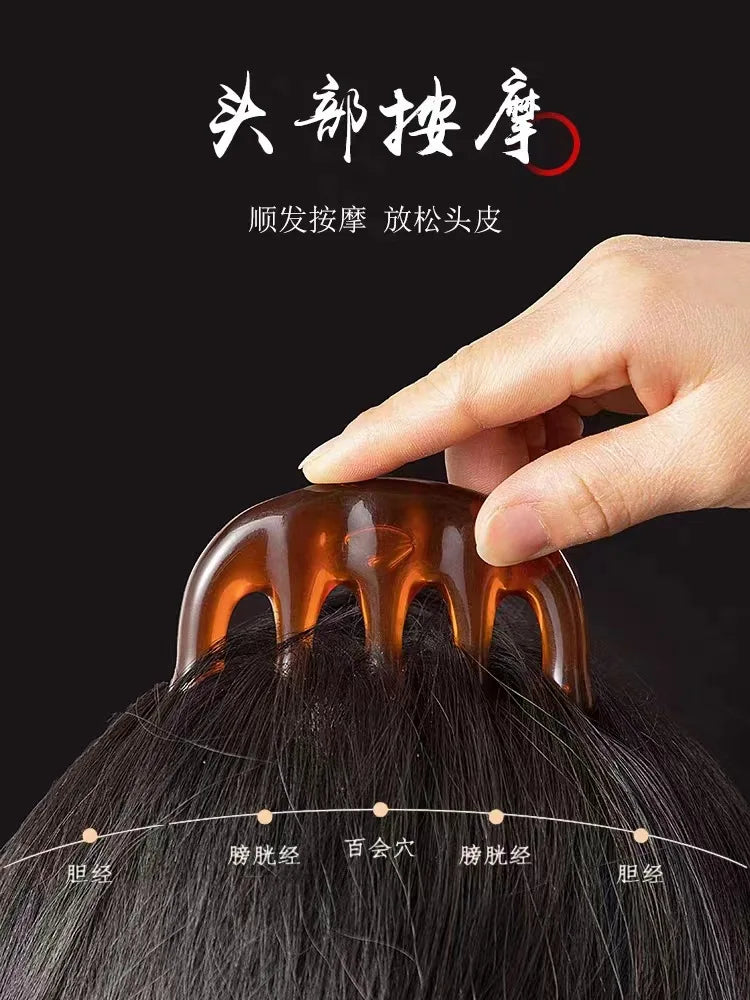 Natural Buffalo Horn Comb Fine Teeth Anti Static Massage Hair Comb with Thickening Round Handle for Head Health Barber Comb