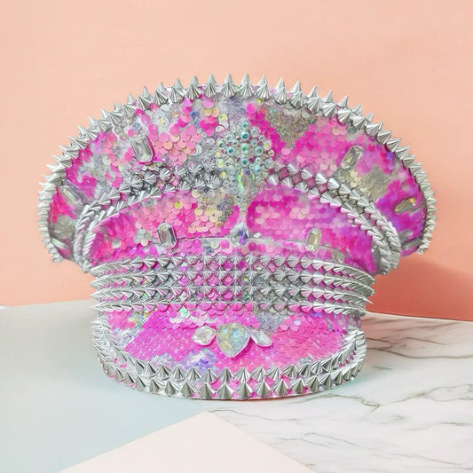 Steampunk Captain Hat Rhinestone for Burningman Festival Woman, Vintage Military Assessories & Military Cap for Man