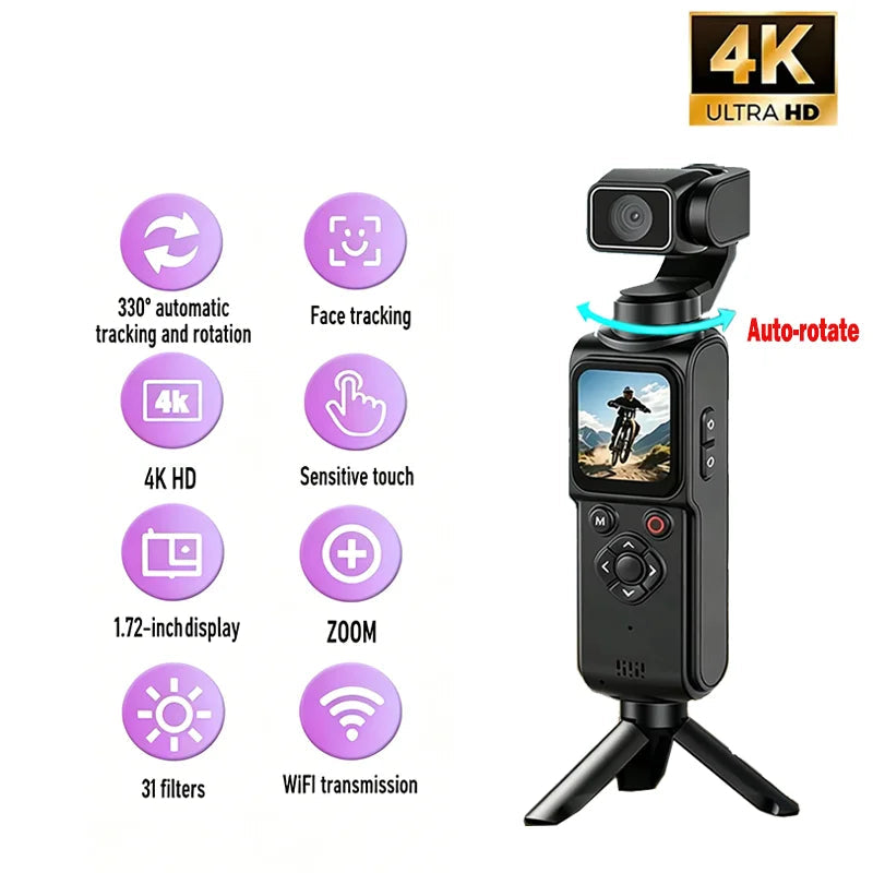 4K Pocket Action Camera 330° Auto-Rotate Lens Face Tracking Touchscreen Vlog Camera with WiFi