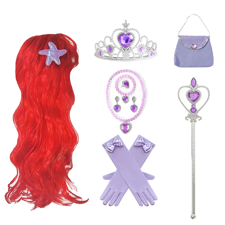 Ariel Princess Accessories Gloves Wand Crown Jewelry Set Mermaid Wig Necklace Braid for Princess Dress Clothing Cosplay Dress UP