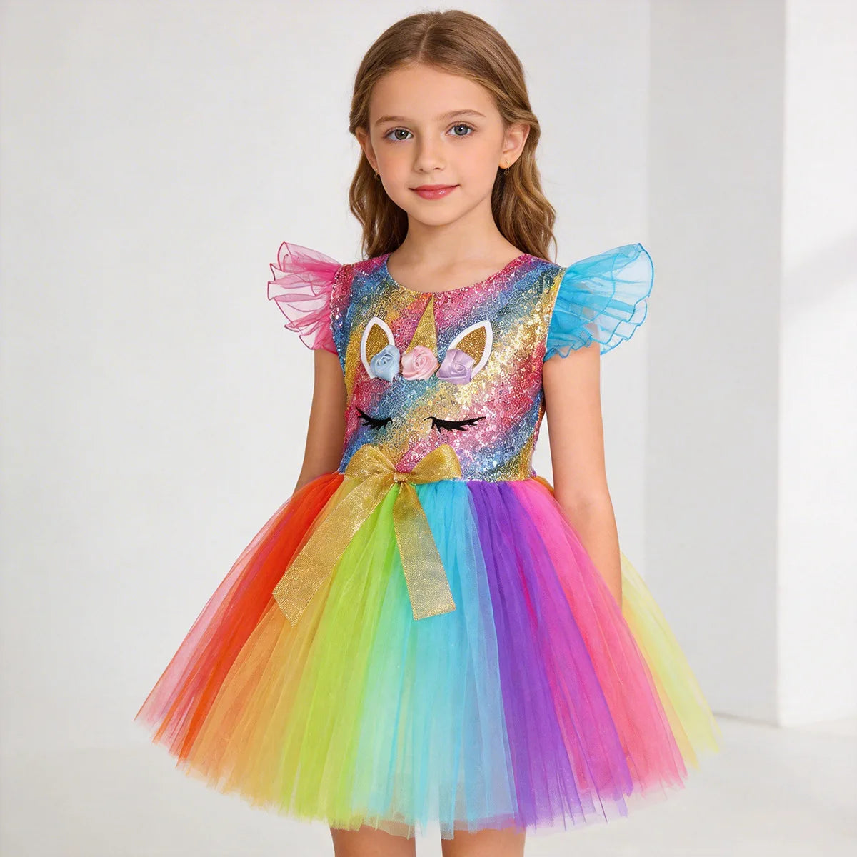 Unicorn Princess Tutu Dress with Flutter Sleeves and Sequin Tulle