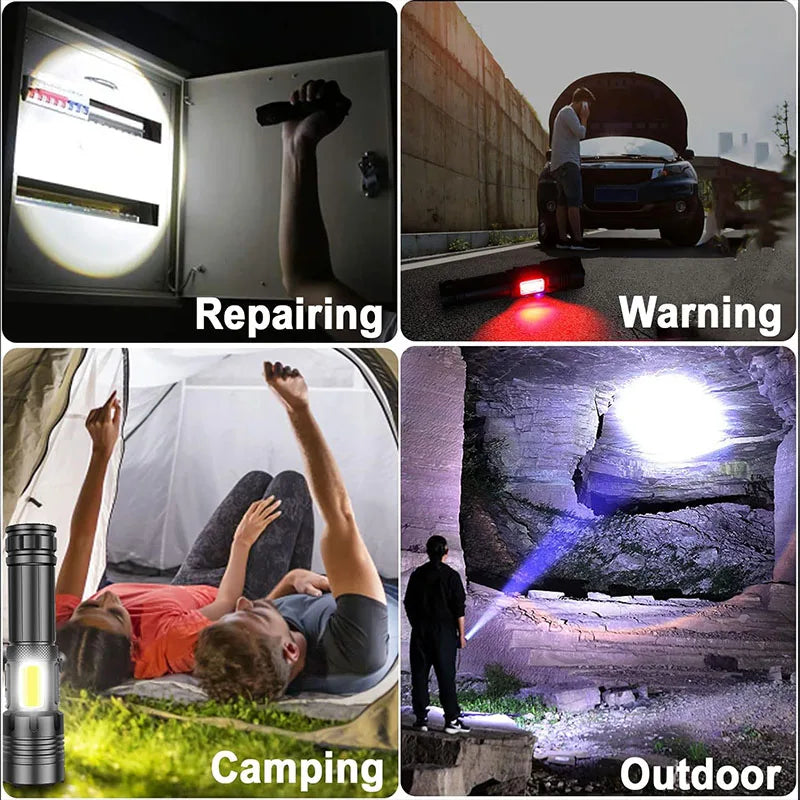 High Power Rechargeable LED Flashlight With COB Side Light And Zoom