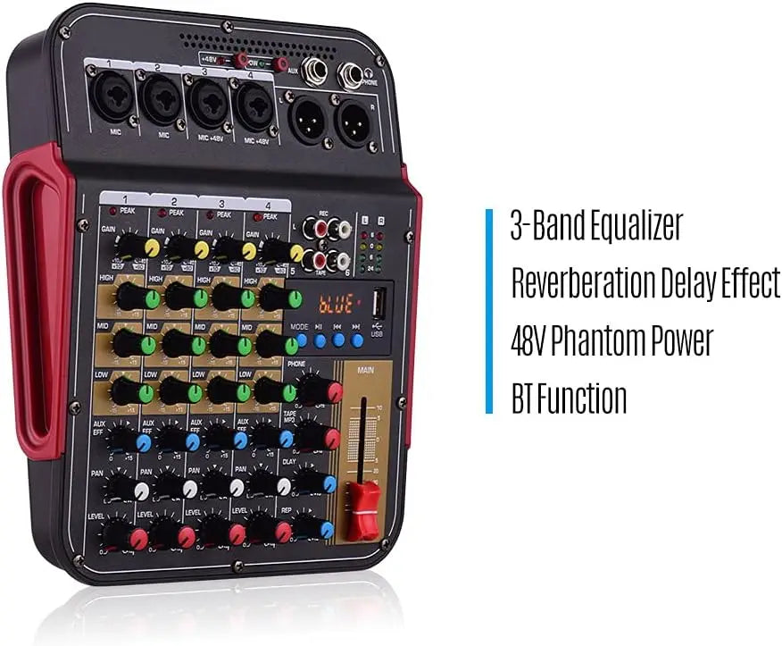6 Channel Audio Mixer with Bluetooth Reverb and 48V Phantom Power