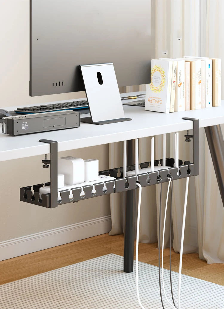 Under Desk Cable Management Tray, Power Strip Cord Holder Wire Management, Extendable Sturdy Steel Under Desk Cord Hider Raceway