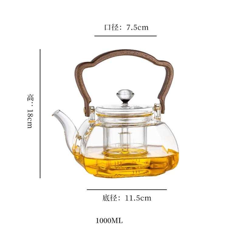 1000ML Octahedral Heat Resistant Glass Teapot Steaming and Boiling Dual-use Lifting Beam Tea Pot Glass Kettle Kung Fu Tea Set