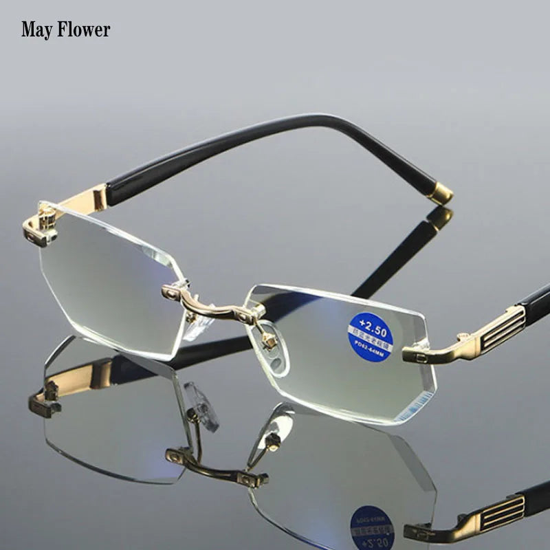 Rimless Diamond Cut Reading Glasses with Silver Alloy Frame