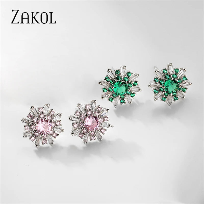 Korean Cute Green Snowflake Stud Earrings