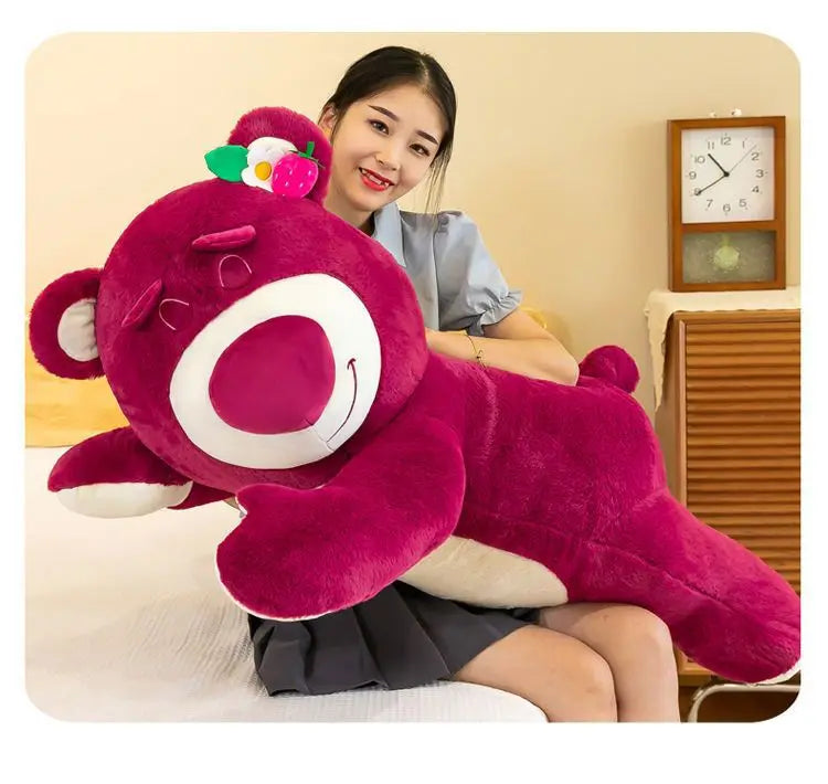 Kawaii Strawberry Bear Plush Stuffed Animal Lying Down Pillow