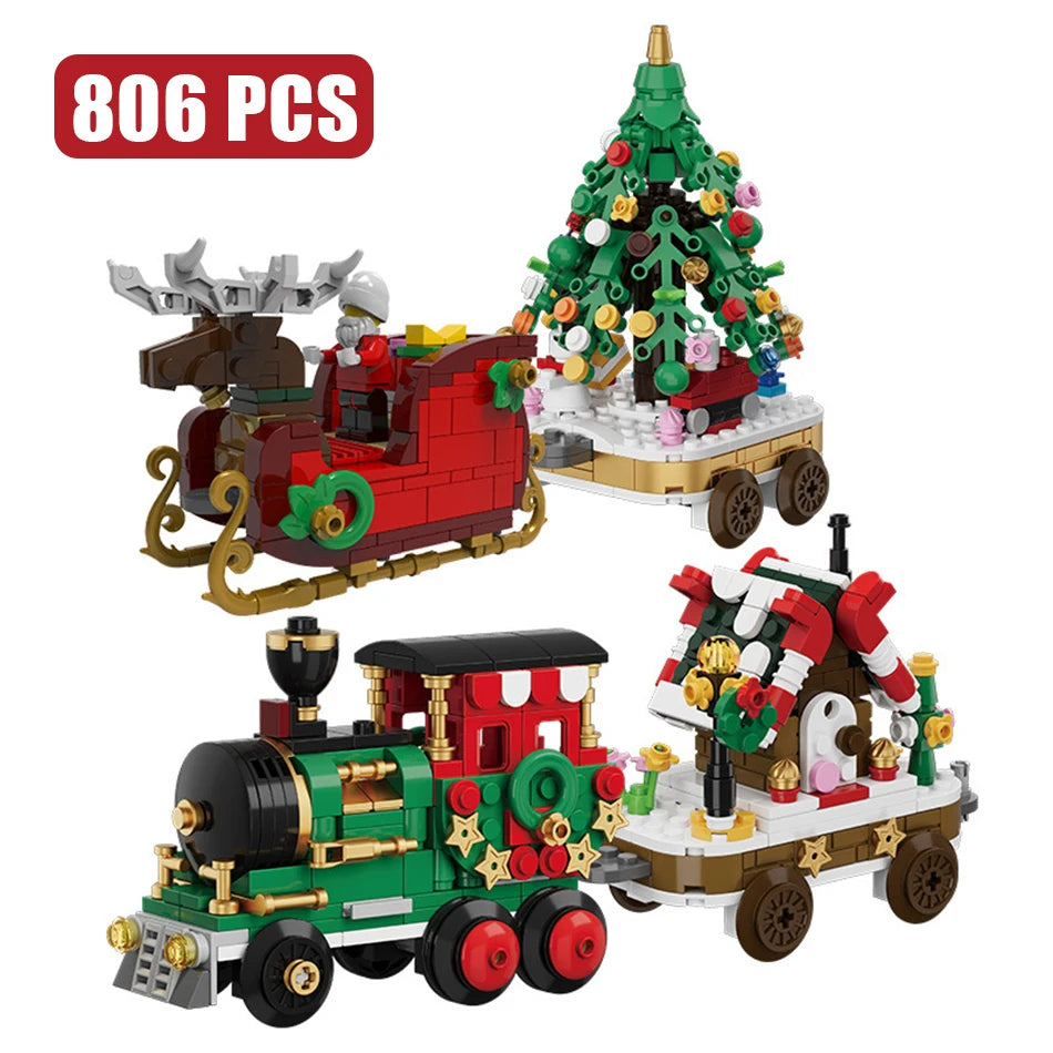 Merry Christmas Train Santa Claus Sleigh Carriage Christmas Tree Building Blocks Assembly Bricks Toys 's Xmas Gifts