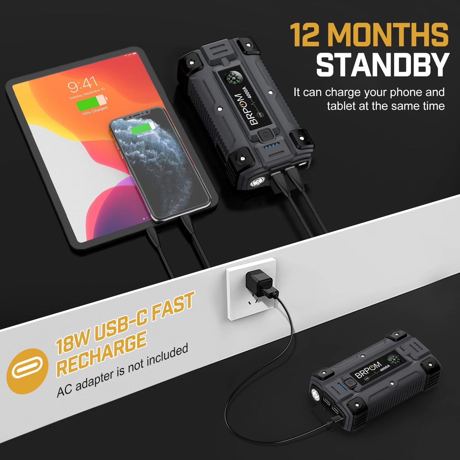 Power Bank 4000A/5000A 12V Car Battery Jump Starter Portable Charger Car Booster Starting Device Petrol Diesel Emergency Booster