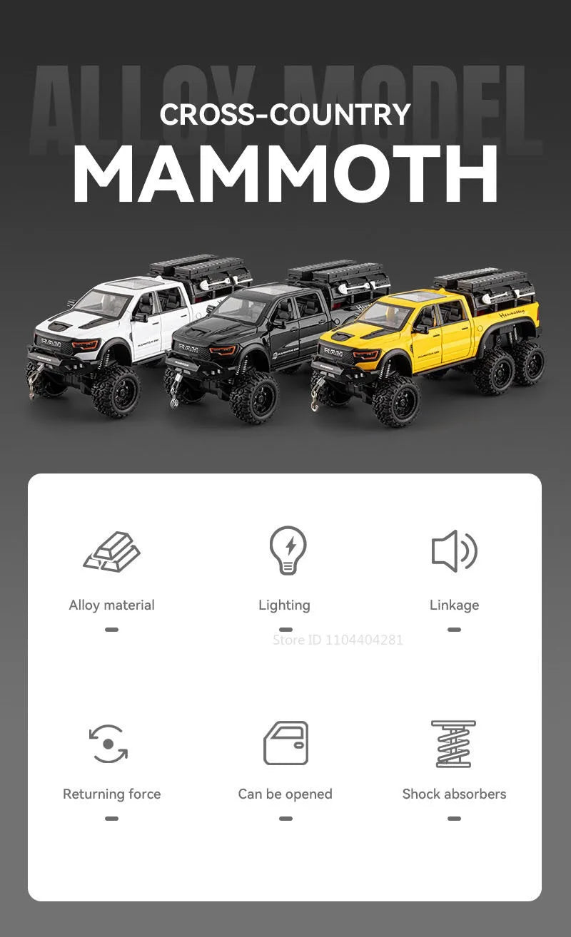 1:24 Mammoth F-150 Raptor Diecast Alloy Model Toy Car Doors Opened Sound Light Pull Back Miniature Vehice Adult Boy Fashion Gift