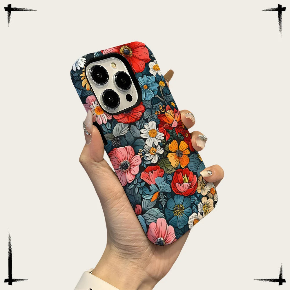 Art Drawing Flower Printed Daisy Phone Case for iPhone 16 15 13 14 Pro Max 16 15 Plus 2 in 1 Hard Protection Cover