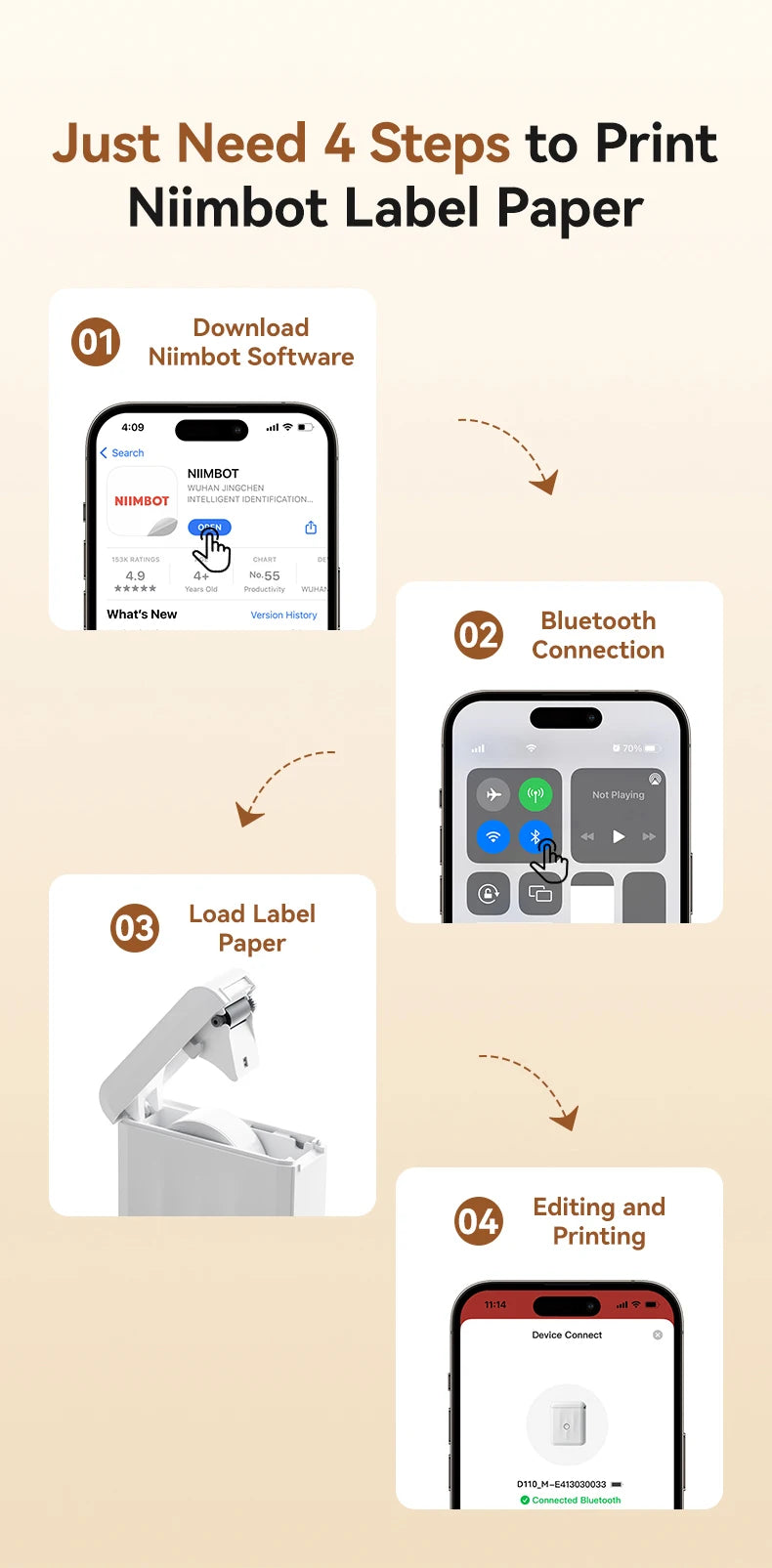 D110 Mini Portable Thermal Label Printer, Bluetooth Wireless Inkless Sticker Maker 12–15mm, Compact Label Machine for Home Organization