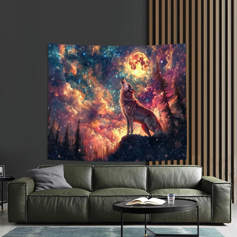 Wolf King Howling at the Moon Tapestry Starry Sky Gradient Living Room Feature Wall Nordic Style Bedroom Decor