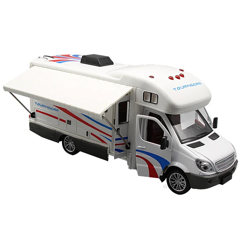 1:32 Alloy Diecast Touring Car Model Toys 3 Doors Opened Sound Light Campervan RV Trailer Vehicles s Toy Gift Collection