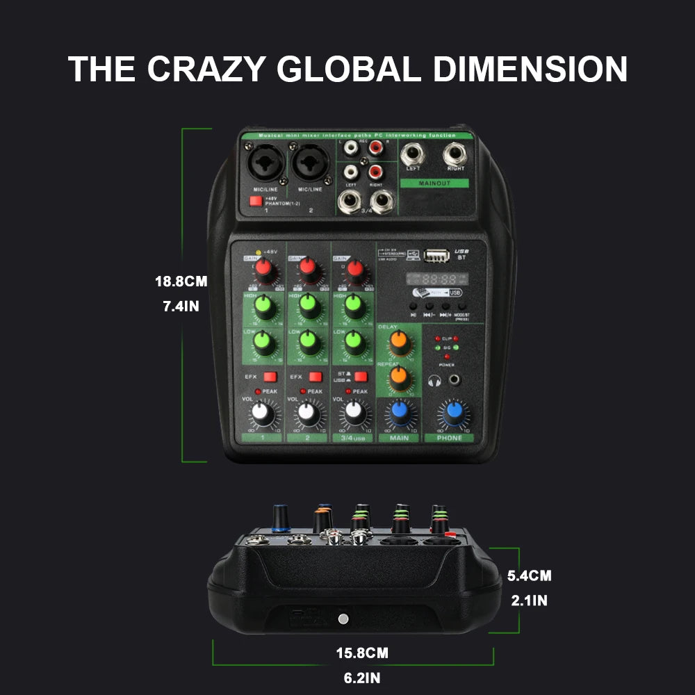 A4 4 Channel Portable Professional Audio Mixer with Bluetooth 48V Phantom,Monitoring Function for DJ Karaoke PC MP3 microphone