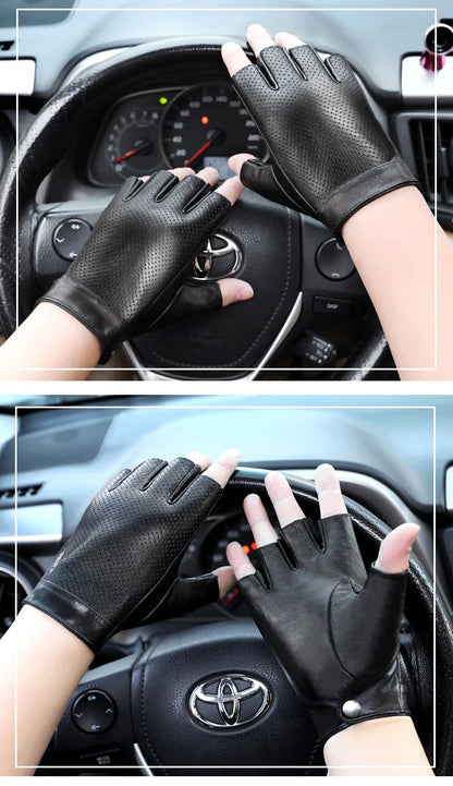 Mens Sheepskin Half Finger Gloves For Fitness Driving High Quality Genuine Leather Gloves Fingerless Brown Driver Sports Motorcy