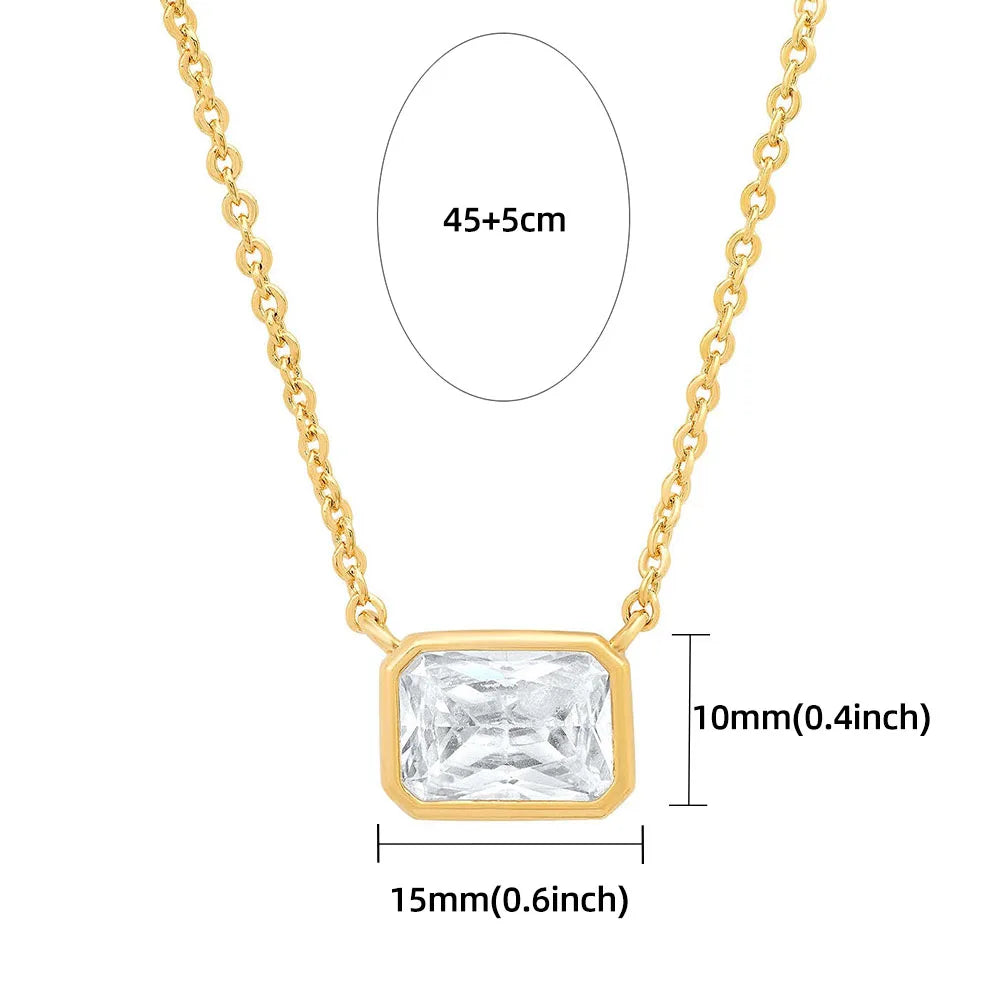 Simple Multicolour Zircon Crystal Rectangle Shape Pendant Necklace for Women Girls Stainless Steel Clavicle Chain Necklaces