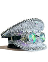 Silver Steampunk Captain Hat Rivet Rhinestone Goggles Masquerade Military Cap Women Sequin Music Festival Handmade Unisex Adult
