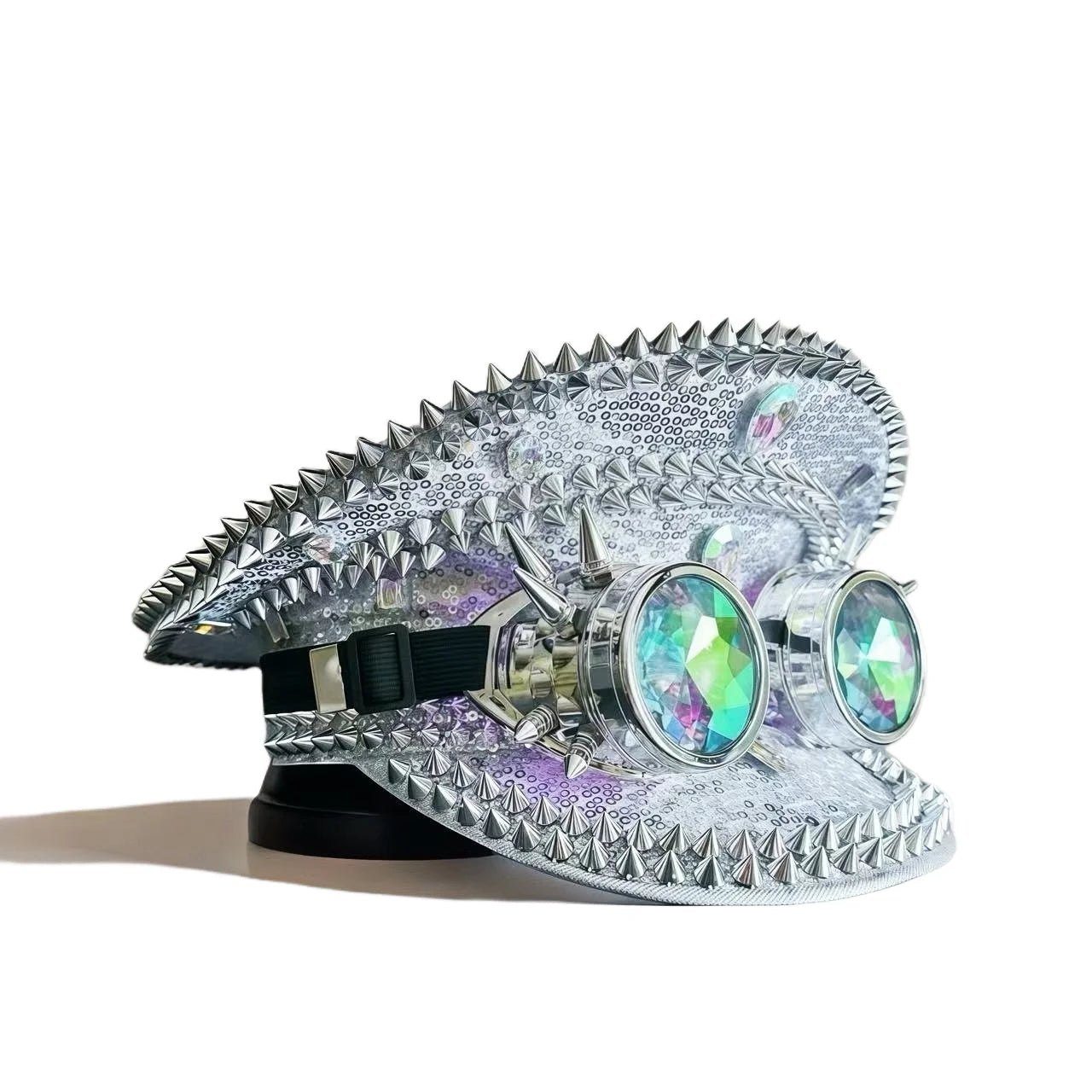 Silver Steampunk Captain Hat Rivet Rhinestone Goggles Masquerade Military Cap Women Sequin Music Festival Handmade Unisex Adult