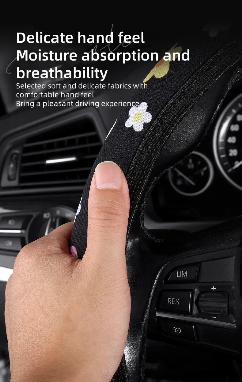 Floral Flannelette Car Steering Wheel Cover Anti Slip 38CM