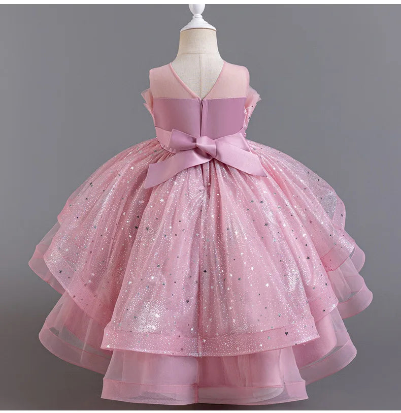 Elegant Girls' Performance Gown - Sleeveless Tulle Dress with Train for Piano Recital & Walk Show