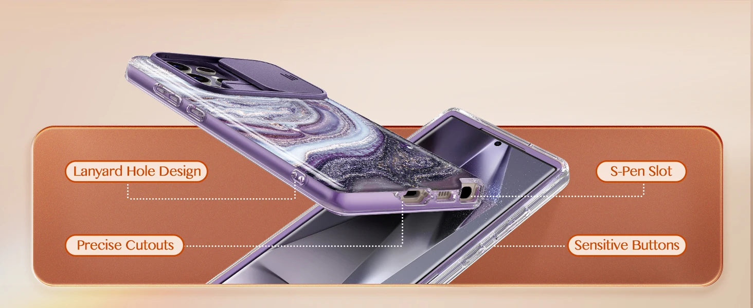 For Samsung Galaxy S24 Ultra Case with 2 Front Frames Slide Camera Lens Protection Heavy Duty Shockproof Marble Phone Case Cover