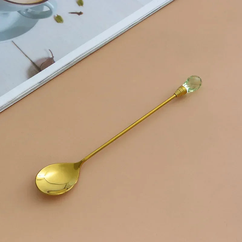 Stainless Steel Diamond Coffee Spoon and Fork Set Creative Crystal Long Handle, Perfect for Desserts, Ice Cream, Cake, and Fruit