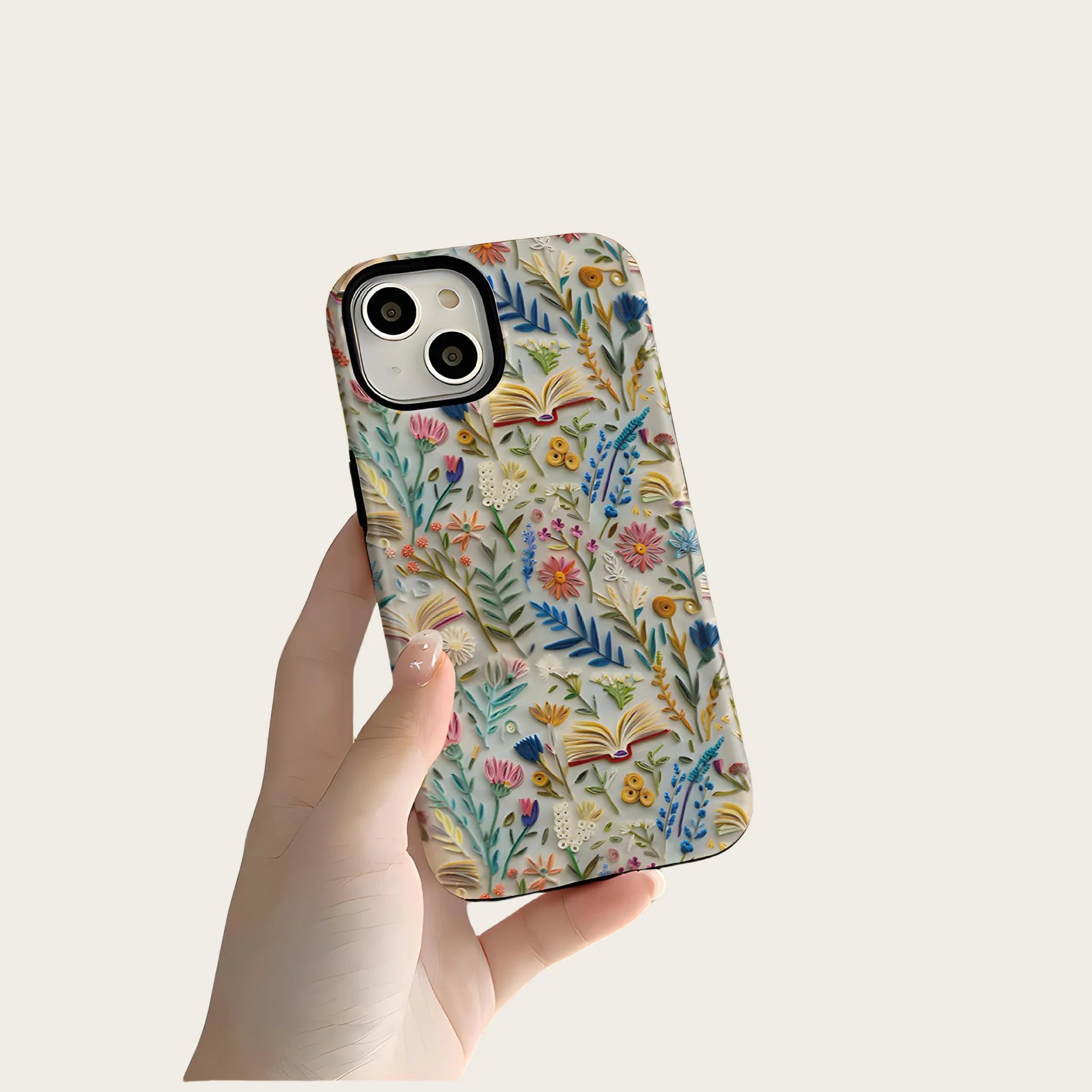 Romantic Wildflower Boho Embroidery Phone Case for iPhone 16 15 Pro Max Plus – 2 in 1 Hard Protection