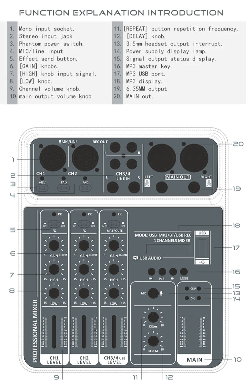 4 Channel Audio Recording Mixer With Bluetooth USB And 48V Phantom Power Light Grey