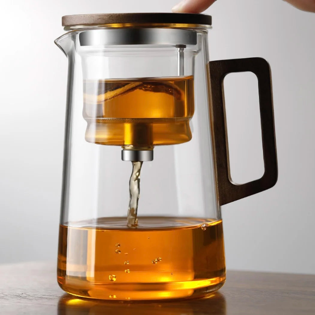Water Separation Glass Teapot with One Click Tea Infuser and Wood Handle