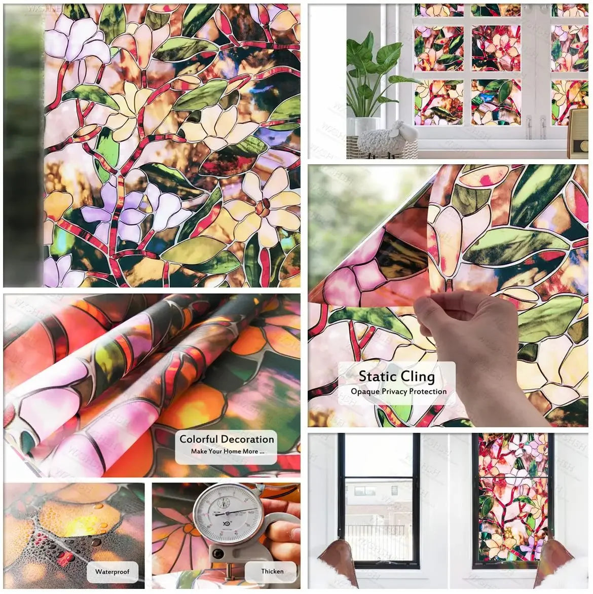 Window Film Privacy Stained Glass Film Static Cling Decorative Vinyl Removable Window Tint UV Blocking Stickers for Home Office