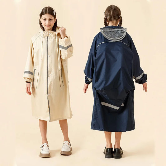 Extended Waterproof Rain Poncho with Schoolbag Coverage