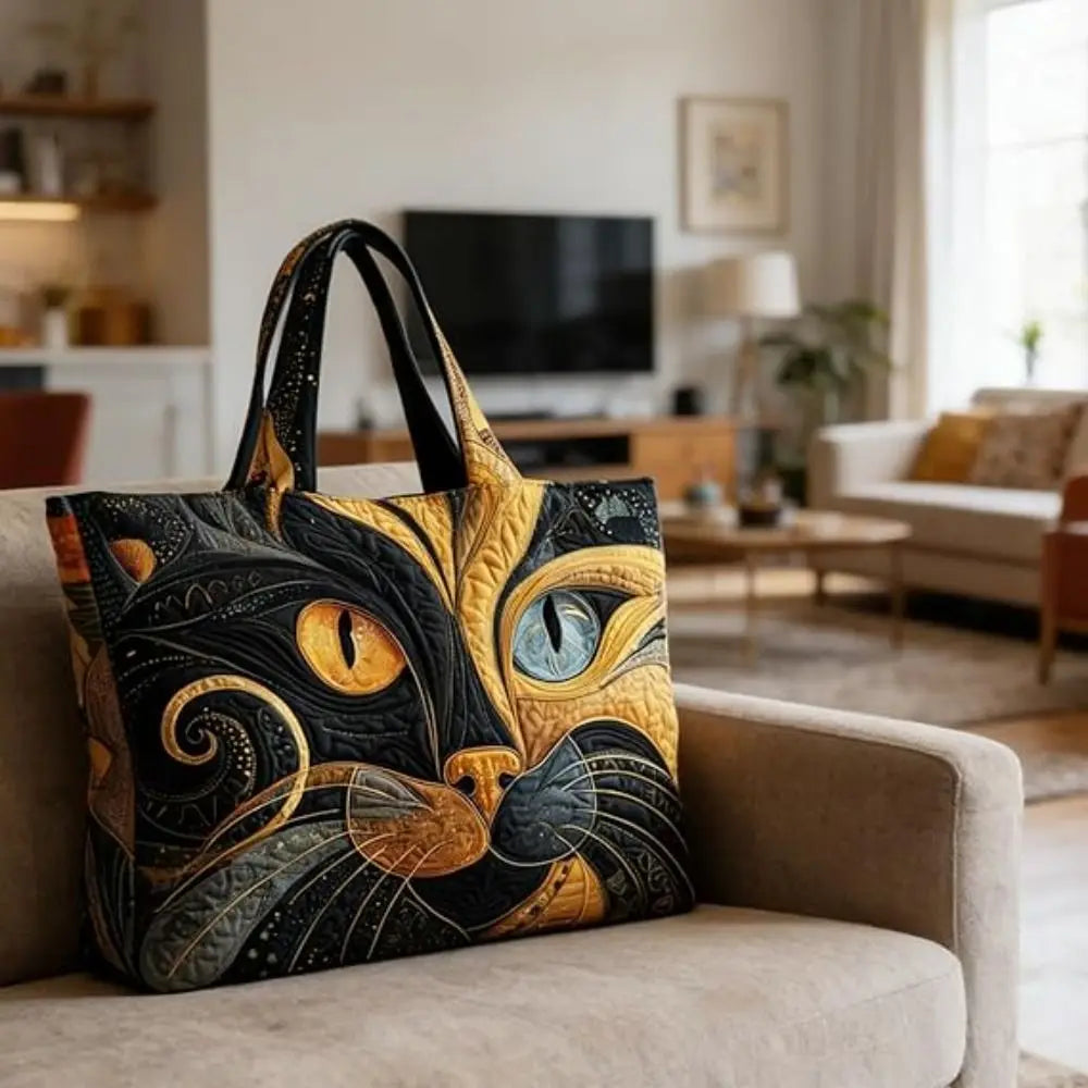 Cat Print Quilted Cotton Tote Bag Large Capacity Shopping Shoulder Handbag