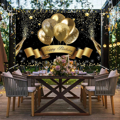 Gold Glitter Happy Birthday Party Backdrop For Photo Black  Happy Birthday Adult Theme Party Decoration Supplies DIY Backdrops