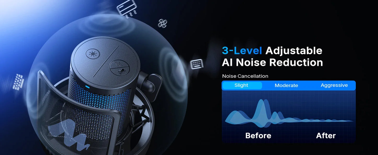 Wireless USB Gaming Microphone with AI Noise Reduction and RGB Lighting