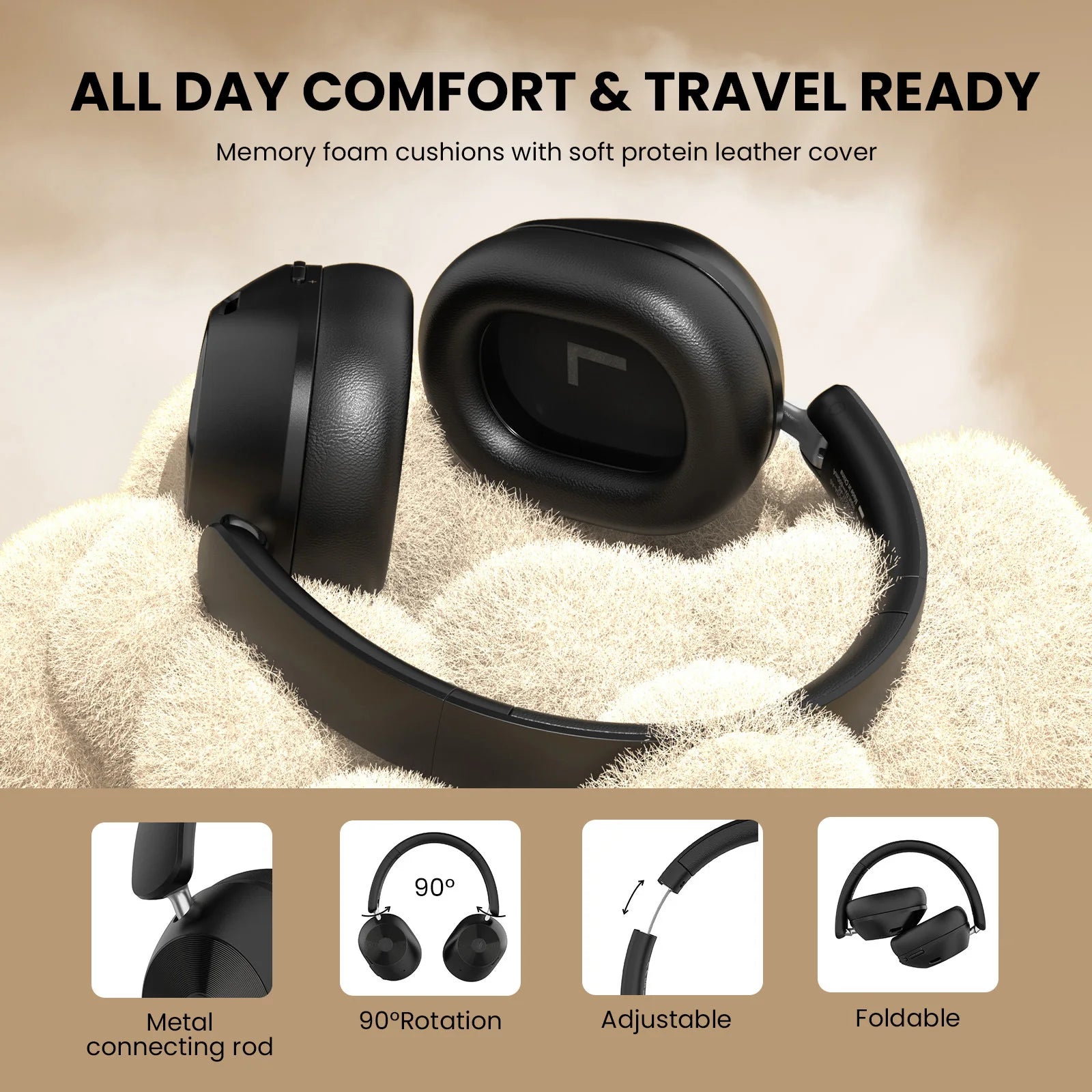 A5 Bluetooth 5.4 Headphones 43dB Hybrid Active Noise Cancelling Over Ear Wireless Headset Hi-Res LDAC Audio With ENC Mic