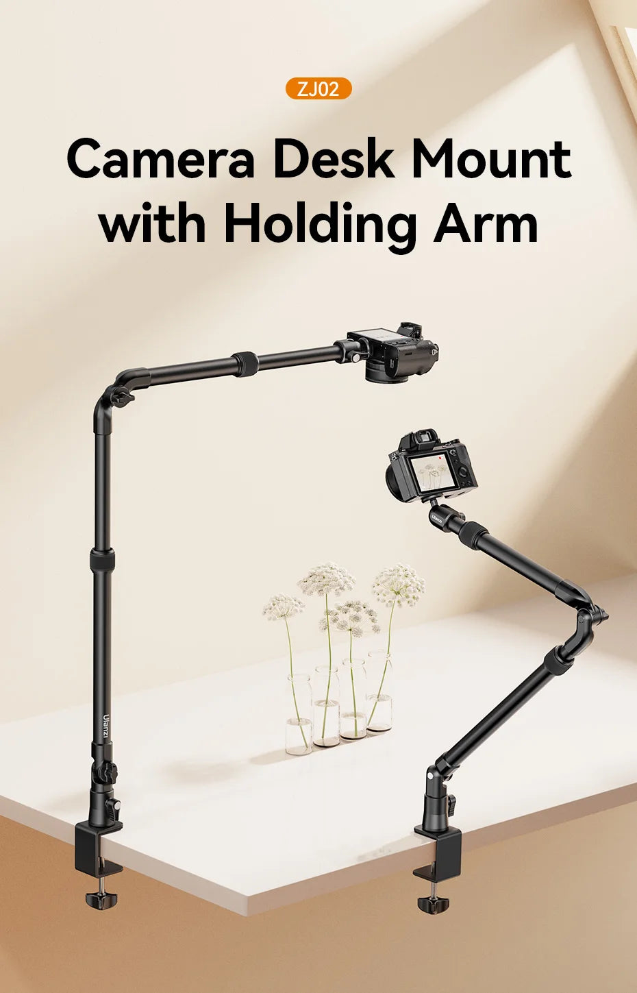 Camera Desk Setup Stand Adjustable Desk Mount with Holding Arm Max Load 2KG for Mirrorless Camera Microphone