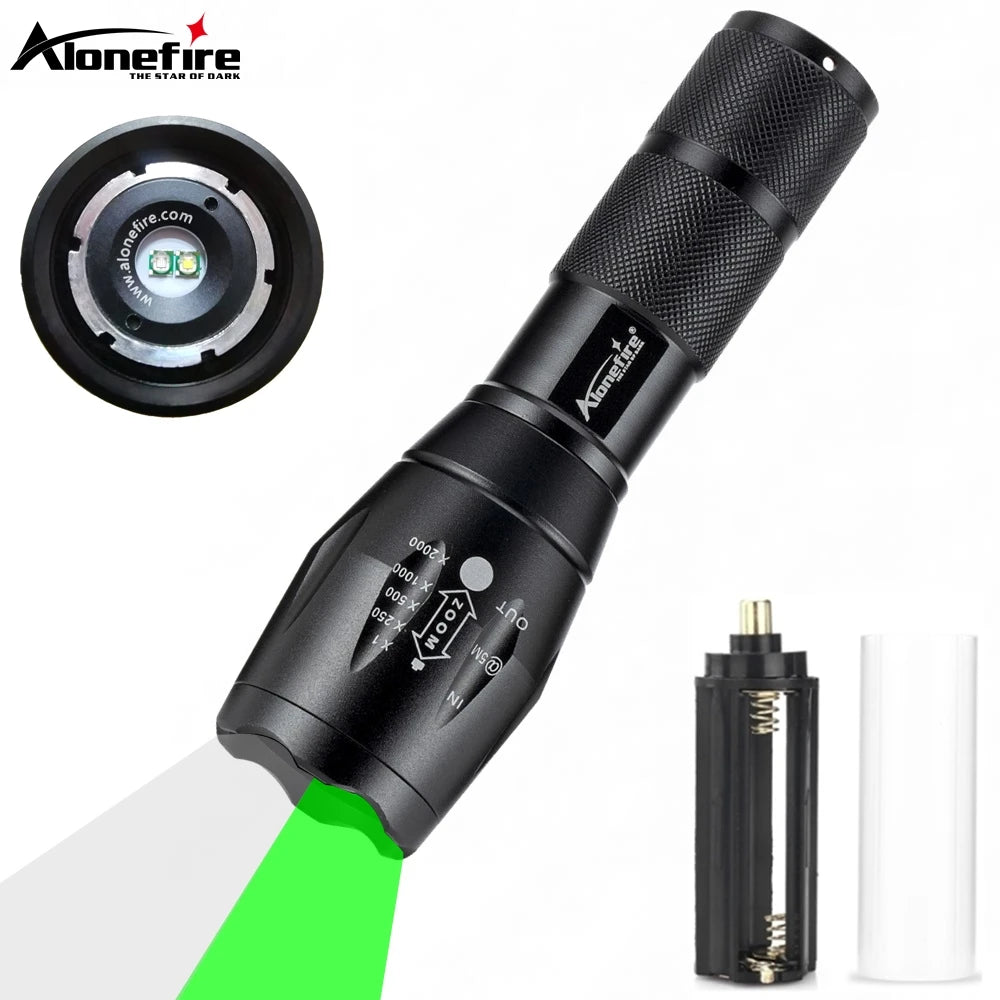 2 In 1 White Green Light Zoom Rechargeable Flashlight