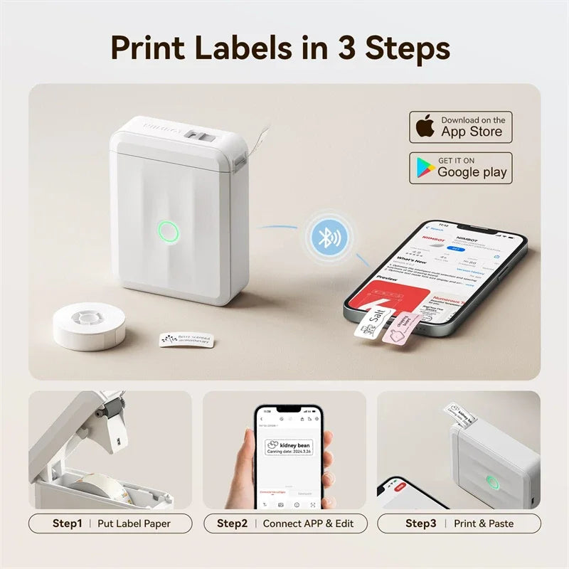 D110 Mini Thermal Label Printer, Portable Bluetooth Label Maker with Tape, Inkless 203 DPI, USB-C Rechargeable