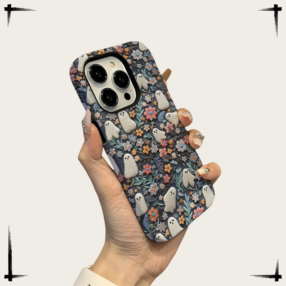 Cute Cartoon Embroidery Effect Ghost Flower Phone Case For iPhone 16 15 Pro Max Plus Double-deck Cover Protection Funda