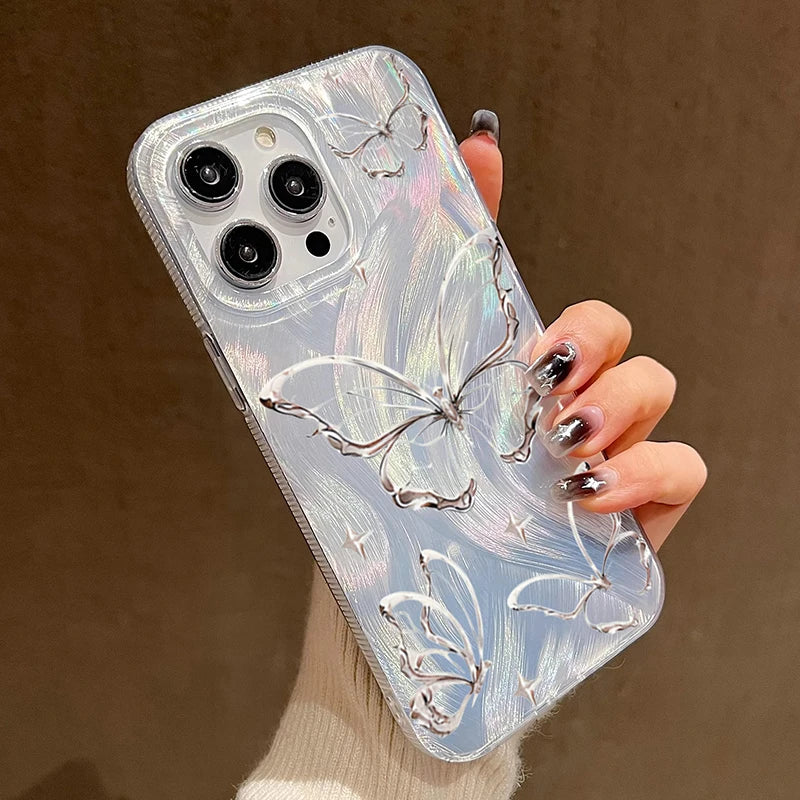 For iPhone 14 15 16 17 Pro Max Case Luxury Laser Silver Butterfly Phone Case for iPhone