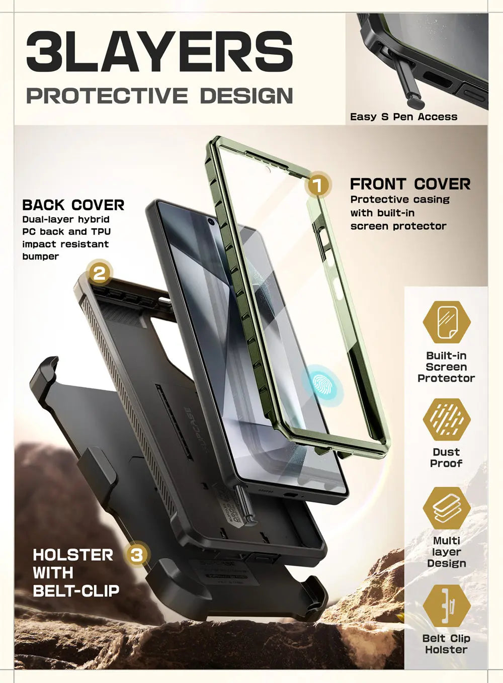 For Samsung Galaxy S25 Ultra Case UB Pro Full-Body Dual Layer Rugged Belt-Clip Phone Case with Built-in Screen Protector
