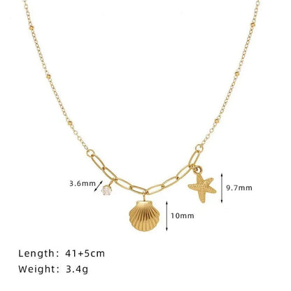 Exquisite Ocean Shell Starfish Pendant Necklace For Women Girls 18K Gold Plated Stainless Steel Choker Chain 45 cm