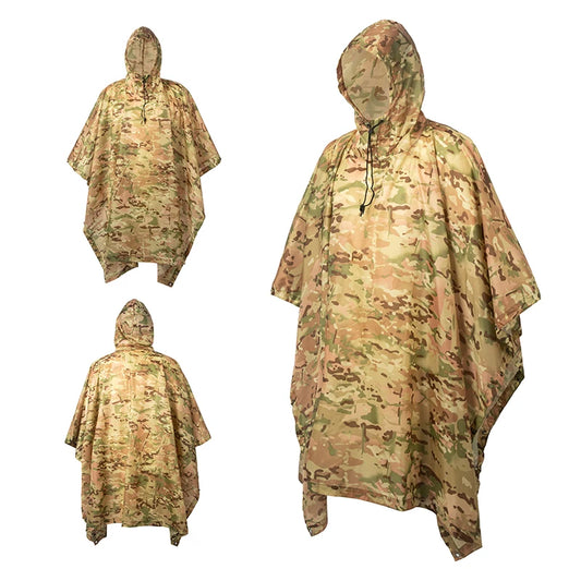 Waterproof Military Style Rain Poncho with Hood for Hiking and Camping